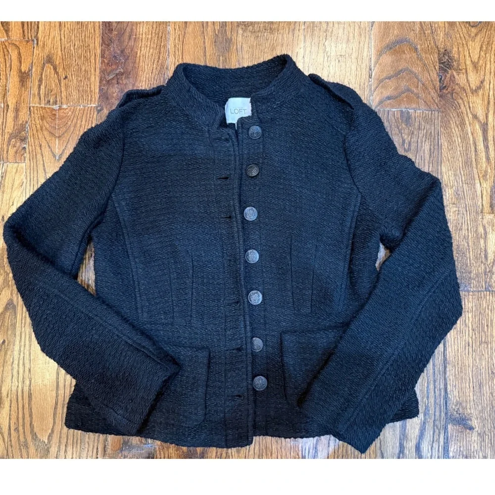 Ann Taylor LOFT Black Boucle Military Blazer Jacket Petite 4P Crest Button Coat